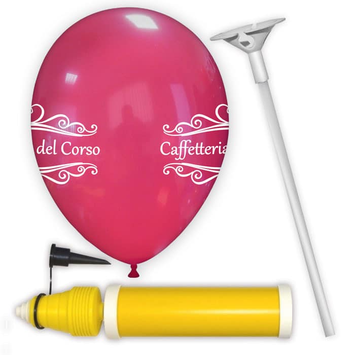 kit palloncini pubblicitari 4 – 500 palloncini con stampa 2 lati + 500  bastoncini + 2 pompe piccole