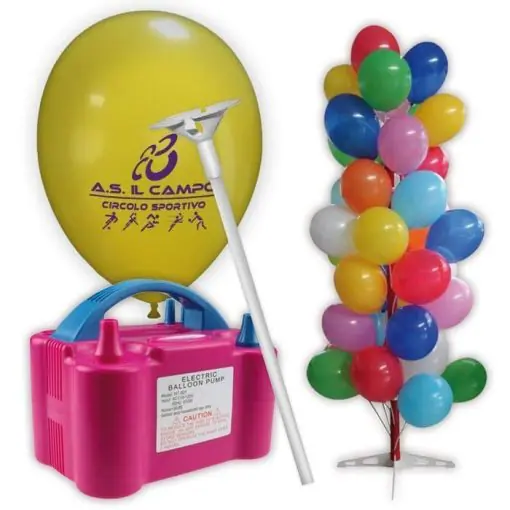 kit palloncini pubblicitari 9 – 1000 palloncini con stampa 1 lato + 1000  bastoncini + 1 gonfiatore elettrico + espositore ad albero