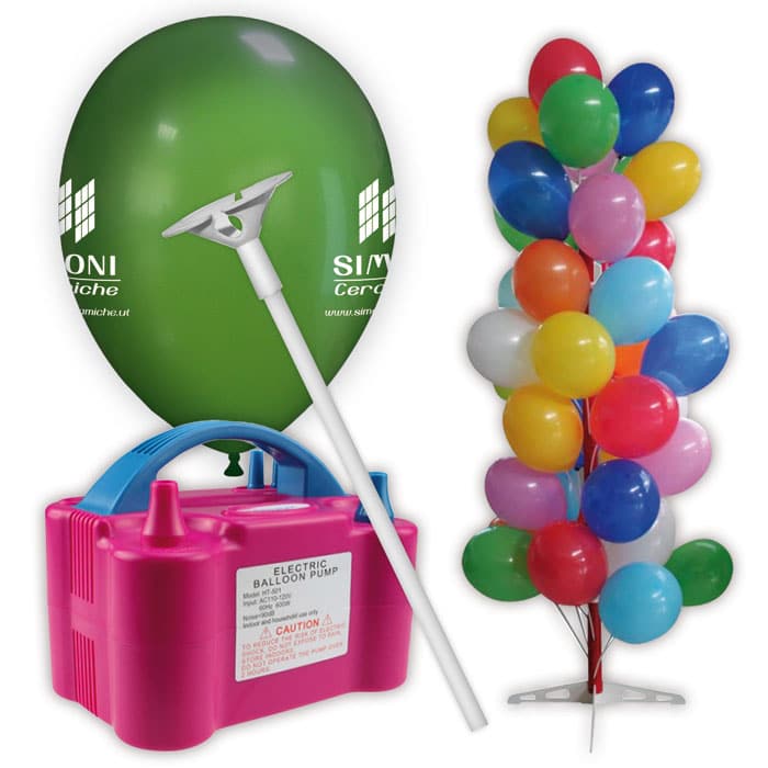 kit palloncini pubblicitari 5 – 2500 palloncini con stampa 2 lati + 2500  bastoncini + 1 gonfiatore elettrico + 2 espositori ad albero